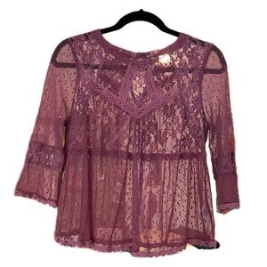 Free People Lace Embroidered Cottagecore Top Sheer Maroon Red Boho Y2K Medium